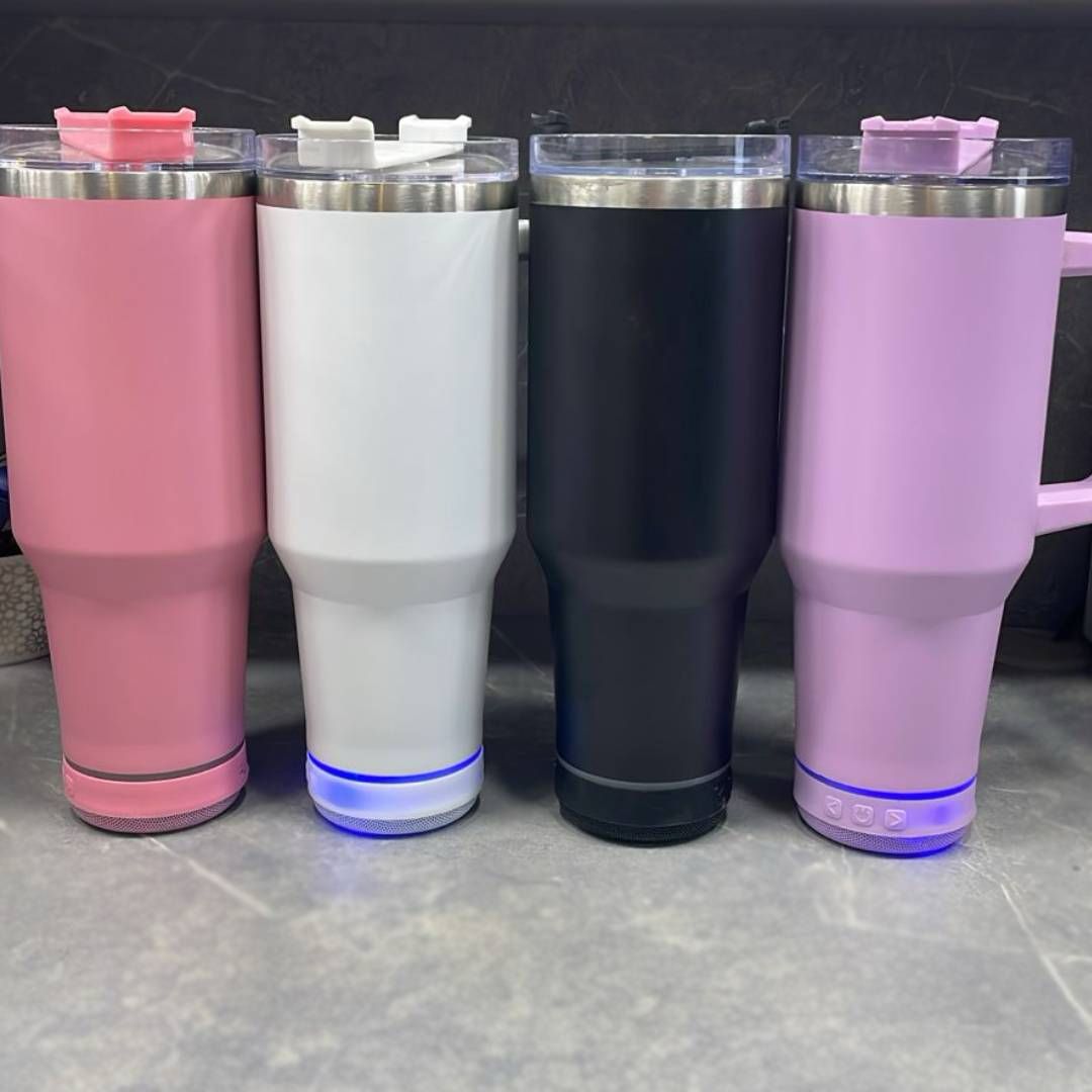 VibeSip™ 40oz Bluetooth Tumbler – Aesthetic Stainless Steel Smart Cup with Speaker, LED, & Chill Mode(sip loud.flex harder)