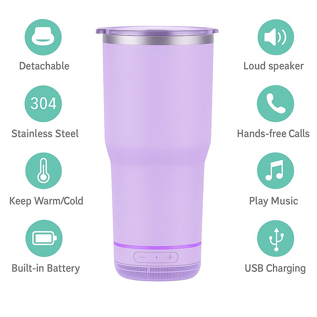 VibeSip™ 40oz Bluetooth Tumbler – Aesthetic Stainless Steel Smart Cup with Speaker, LED, & Chill Mode(sip loud.flex harder)